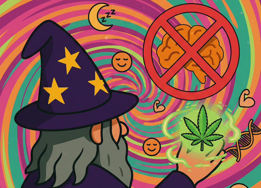 mago di weedzard di spalle con cappello blu con stelle, sfondo vortice psichedelico, icone di canapa, cervello, DNA e altro