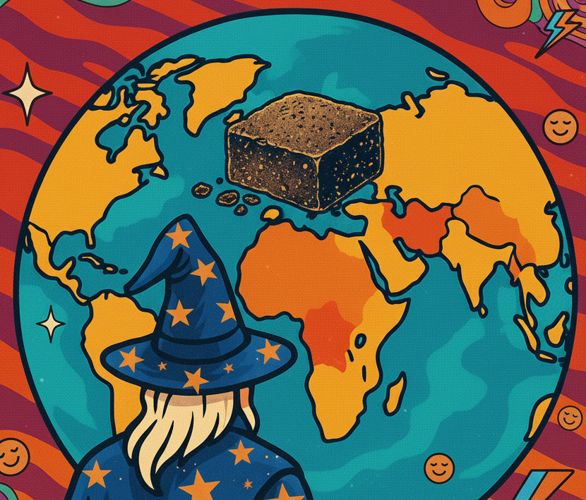 il mago di spalle osserva il mondo e un blocco del miglior hashish del 2026