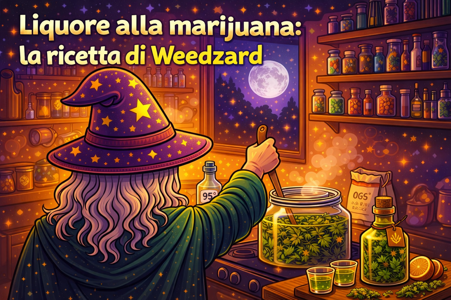 Liquore alla marijuana fatto in casa: il Mago Weedzard di spalle prepara un infuso di canapa legale con alcol alimentare, illustrazione cartoon pop.