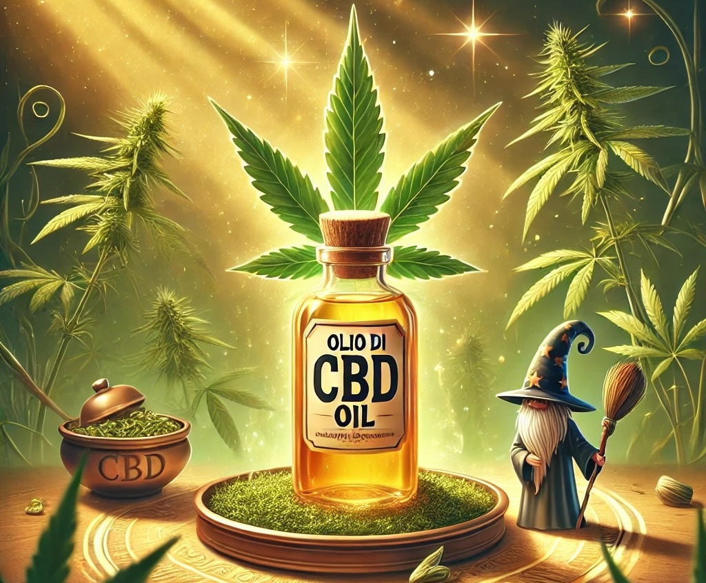 mago con capello che guarda una grande bottiglia di olio CBD, sullo sfondo foglie e fiori di cannabis, illustrazione digital art