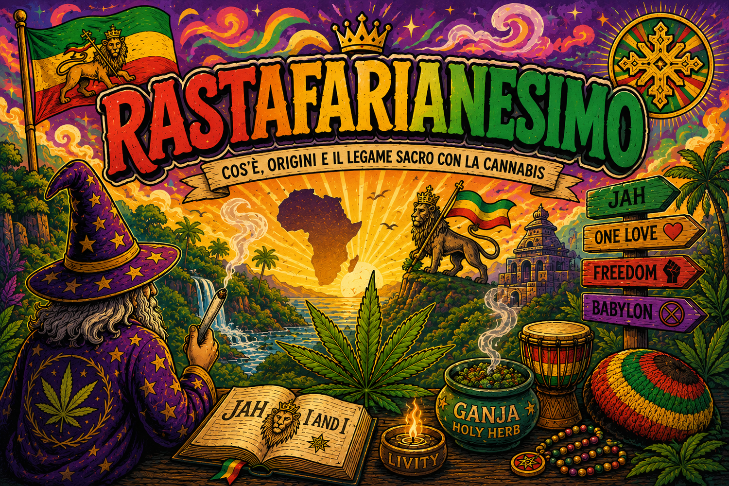 Illustrazione psichedelica sul rastafarianesimo con il Mago Weezard, foglia di canapa, simboli rasta, Leone di Giuda e colori rosso, giallo e verde.