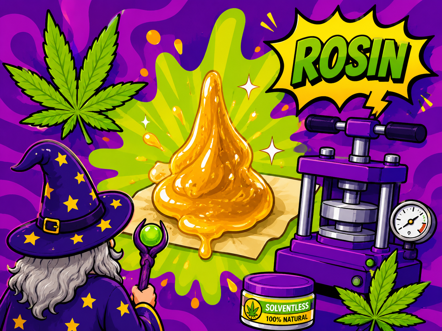 Il Mago osserva una grande massa dorata di rosin al centro dell’immagine, circondata da foglie di cannabis, una pressa per estratti.