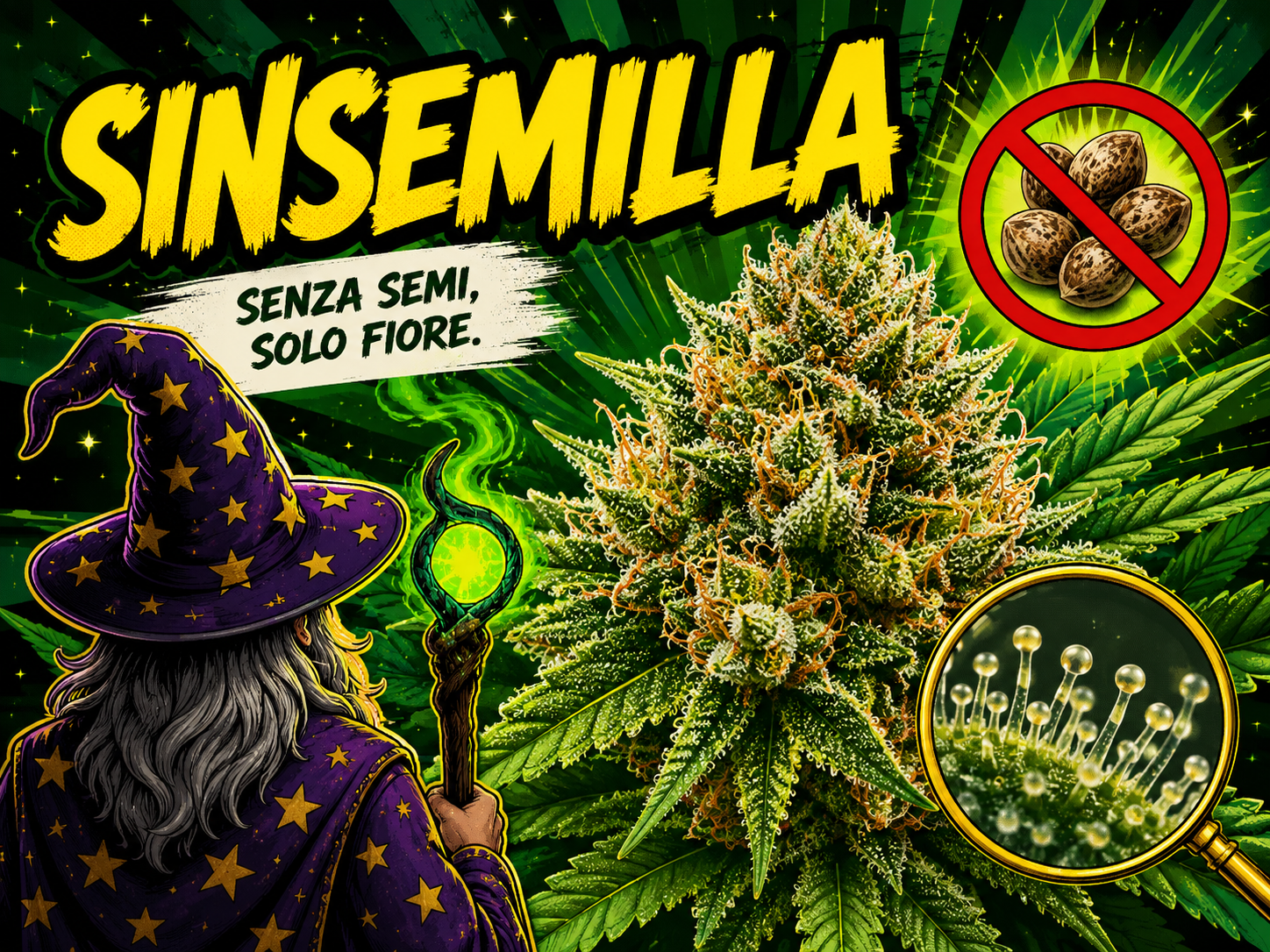 Il Mago osserva di spalle una cima di cannabis sinsemilla ricca di tricomi, con simbolo senza semi e scritta “Sinsemilla: senza semi, solo fiore”.