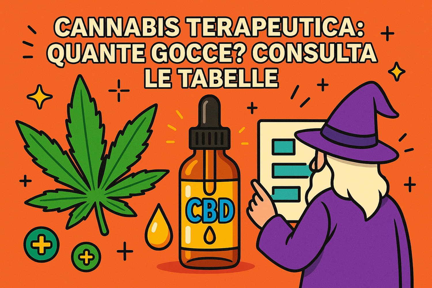 Illustrazione pop moderna con foglia di cannabis, boccetta CBD, mago Weedzard e tabella per il dosaggio in gocce della cannabis terapeutica