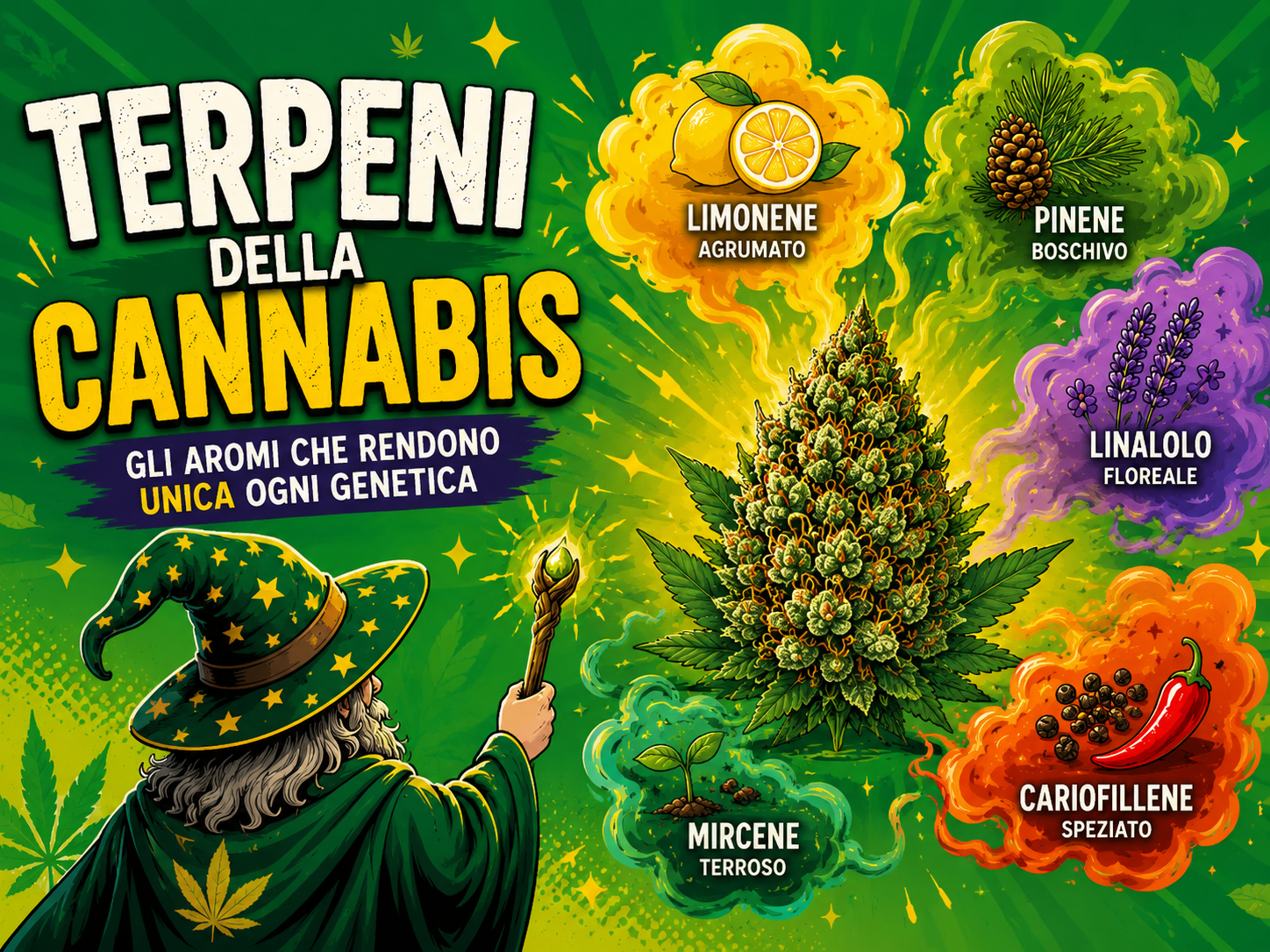 Terpeni della cannabis CBD illustrati con i principali aromi naturali delle infiorescenze: limonene, pinene, linalolo, mircene e cariofillene