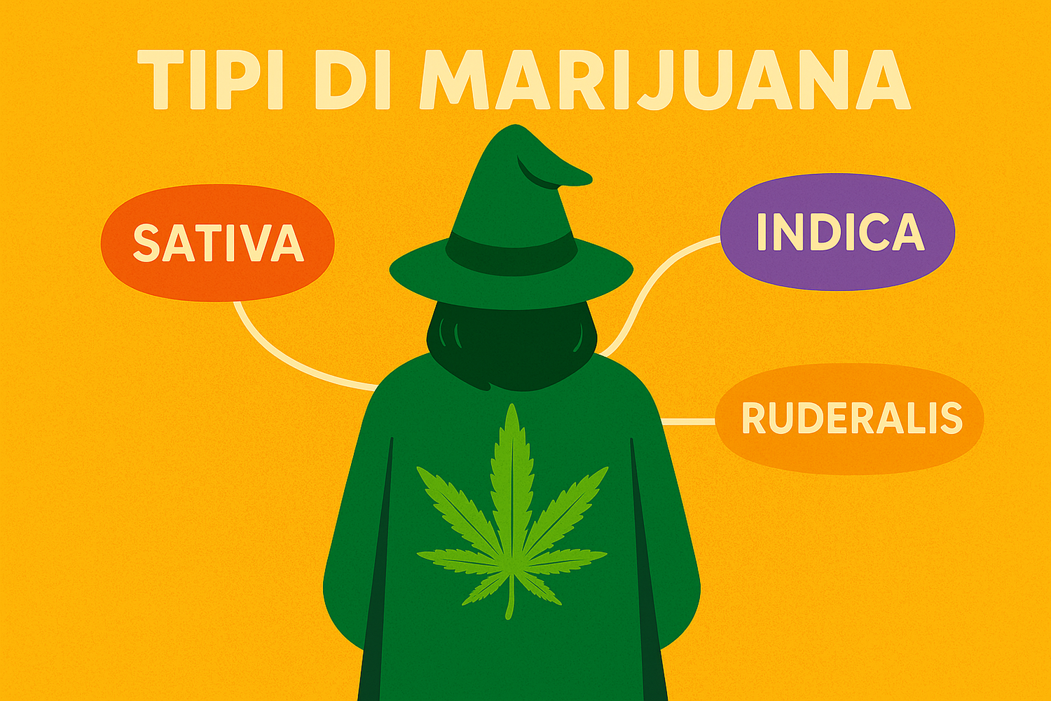 mago di spalle con cappello e veste verde, sfondo giallo, scritta "tipi di marijuana" e tre ballon con i tre tipi principali di cannabis