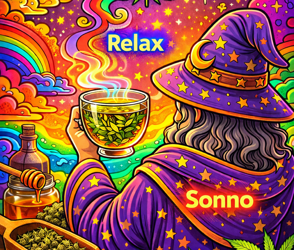 il Mago di Weedzard tiene una tazza di tisana alla canapa nella sua mano sinistra. Visto di spalle, stile psichedelico, scritte "relax" e "sonno"