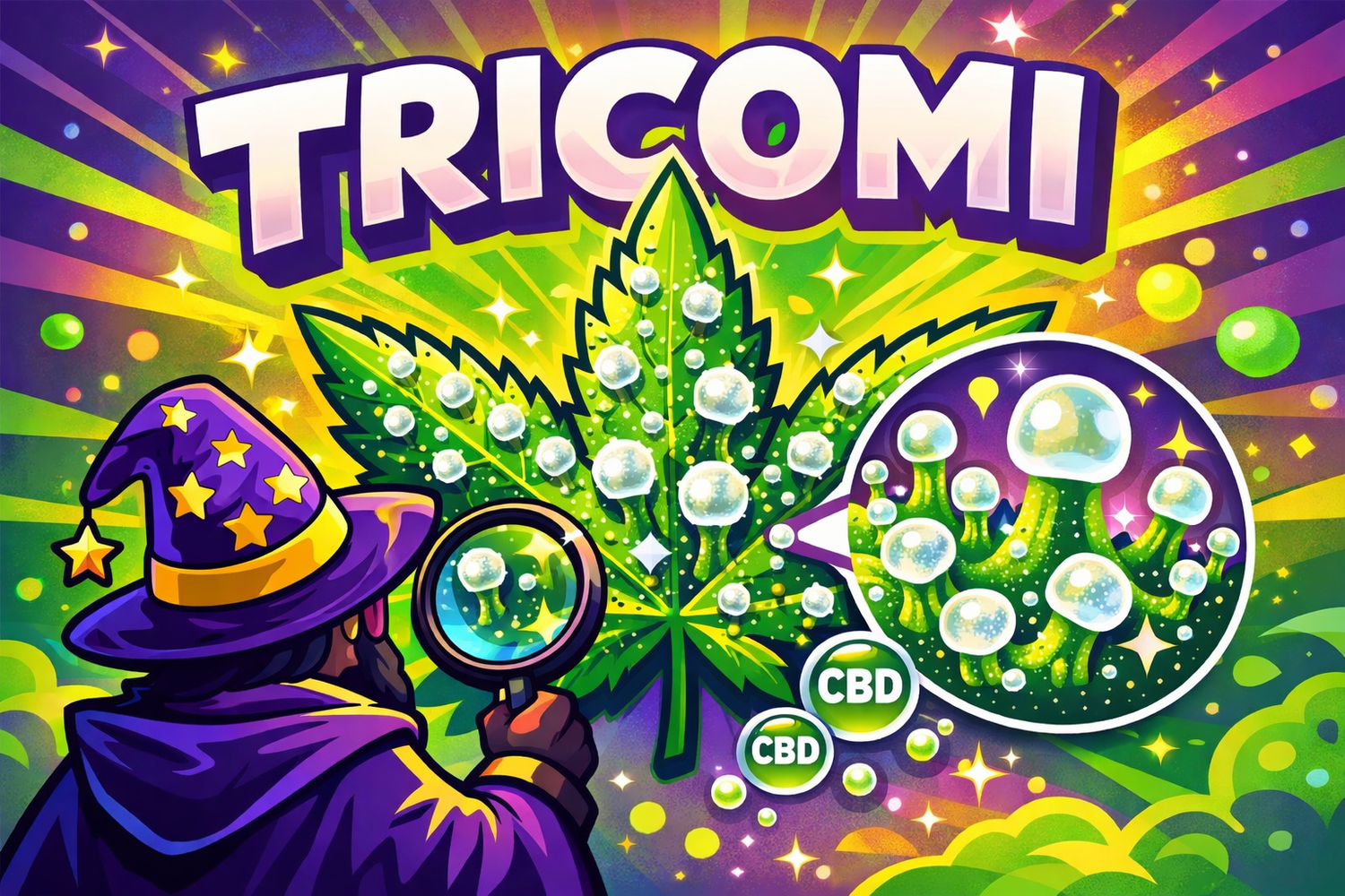 titolo: "tricomi". il mago di weedzard visto di spalle esamina con la lente di ingrandimento i tricomi di una foglia di canapa. Colori psichedelici