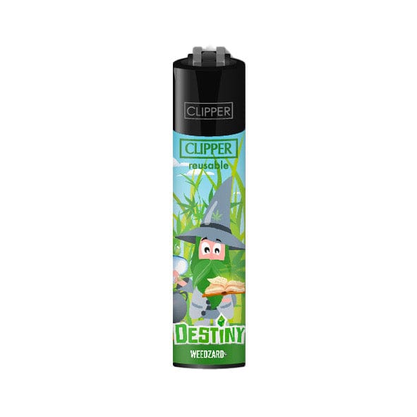 Accendino nero Clipper, decorato con un mago verde e cappello a punta, sfondo erba alta. Testo: "CLIPPER reusable DESTINY WEEDZARD."
