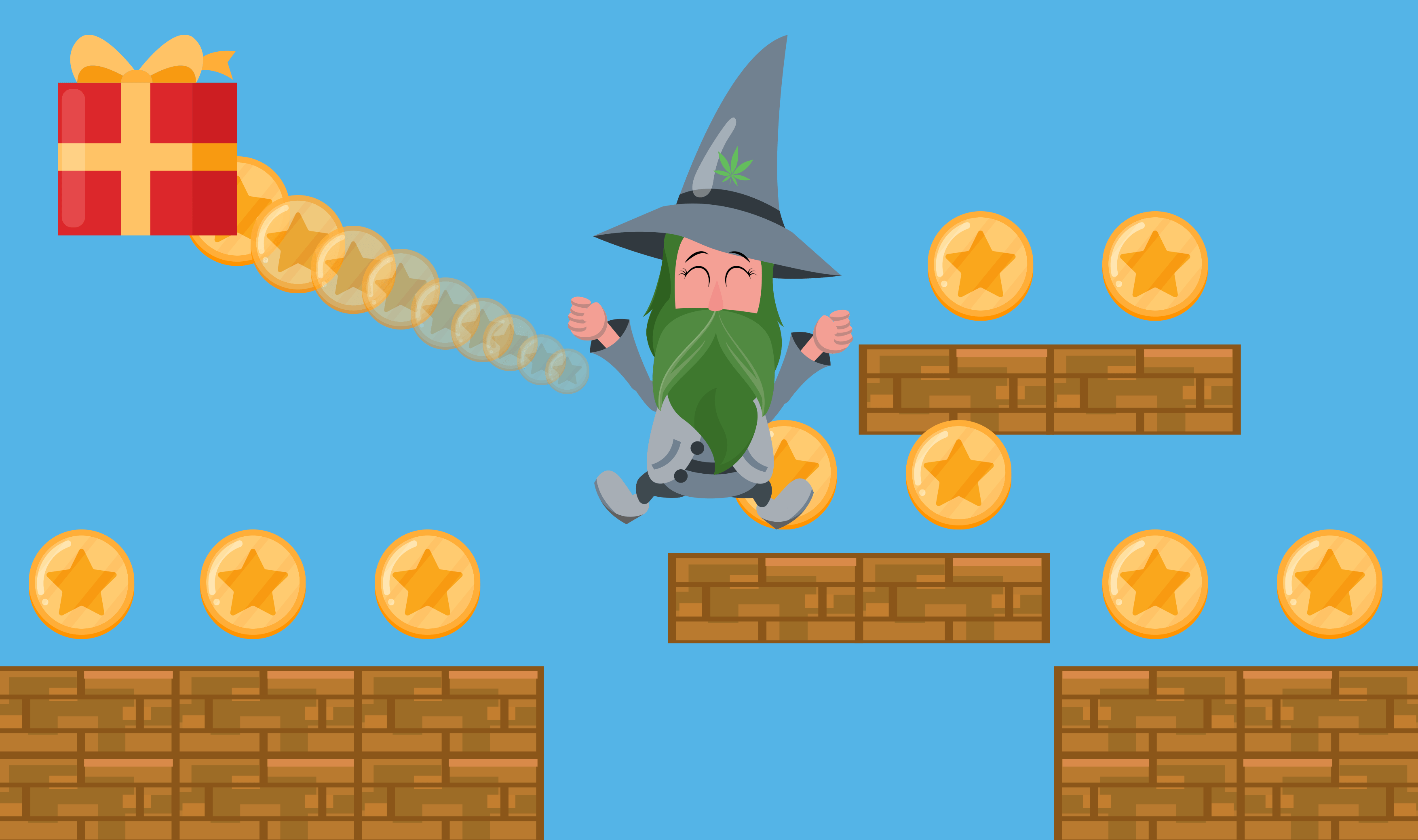 Un mago con cappello salta tra monete dorate e blocchi di mattoni. Sfondo blu.